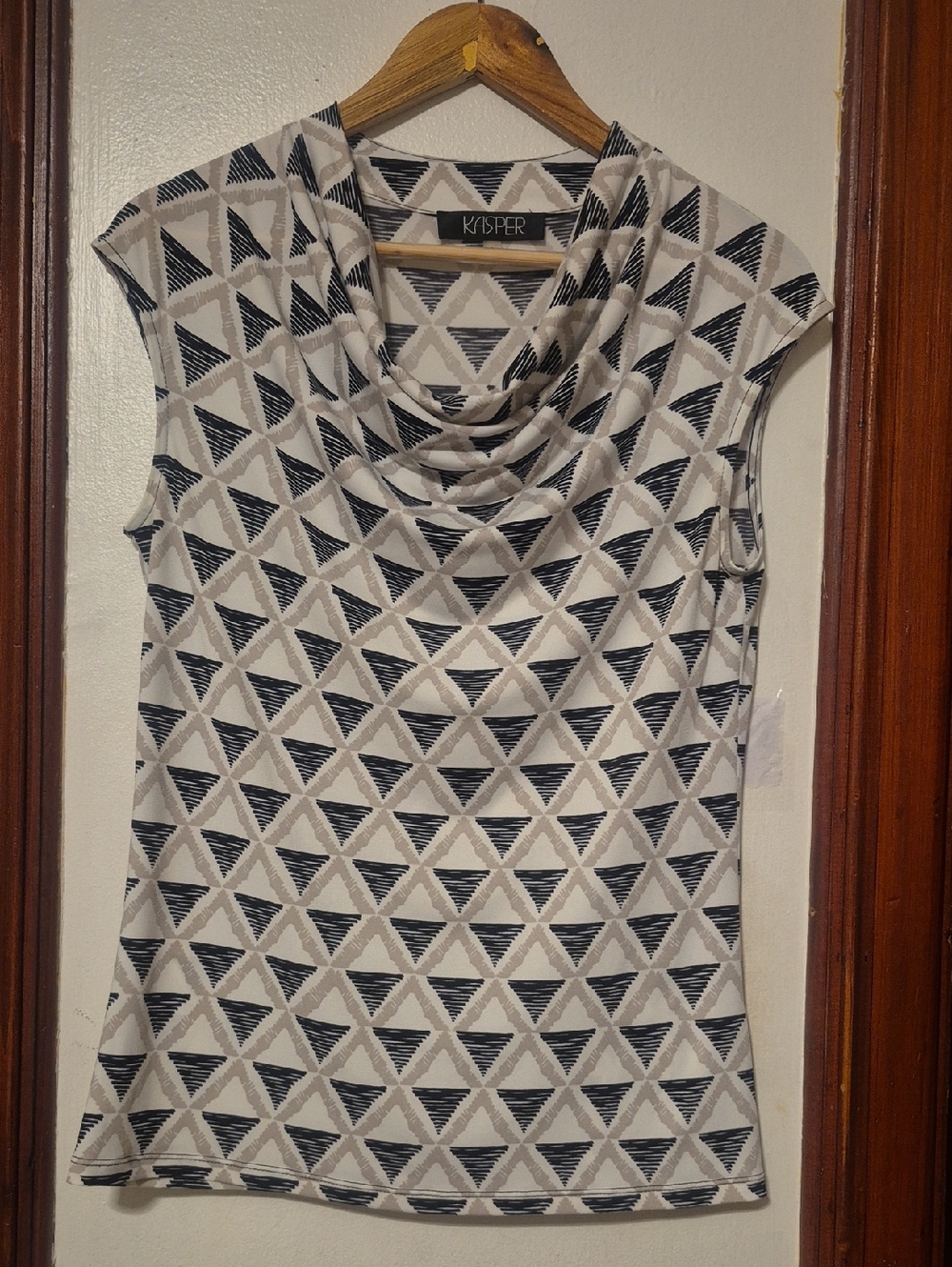 Kasper White, Black And Taupe Geometric Cowl Neck Cap Sleeve Top